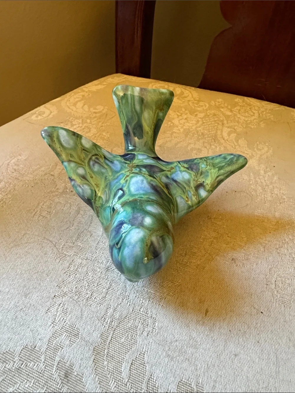 1960s Monterey Jade pottery bird w/green, blue drip glaze